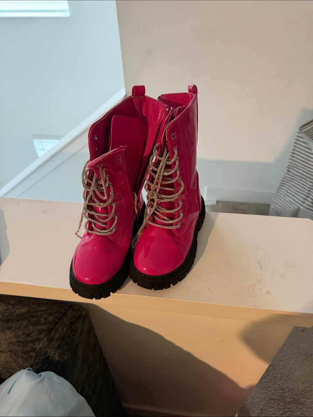 Women’s Pink Patent Combat Boots with Chunky Sole